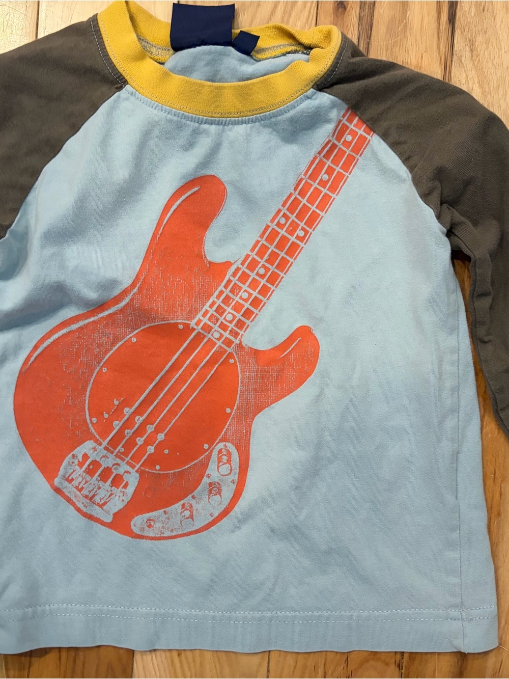 Mini Boden Blue Raglan Tee with Orange Guitar and Yellow Neckline